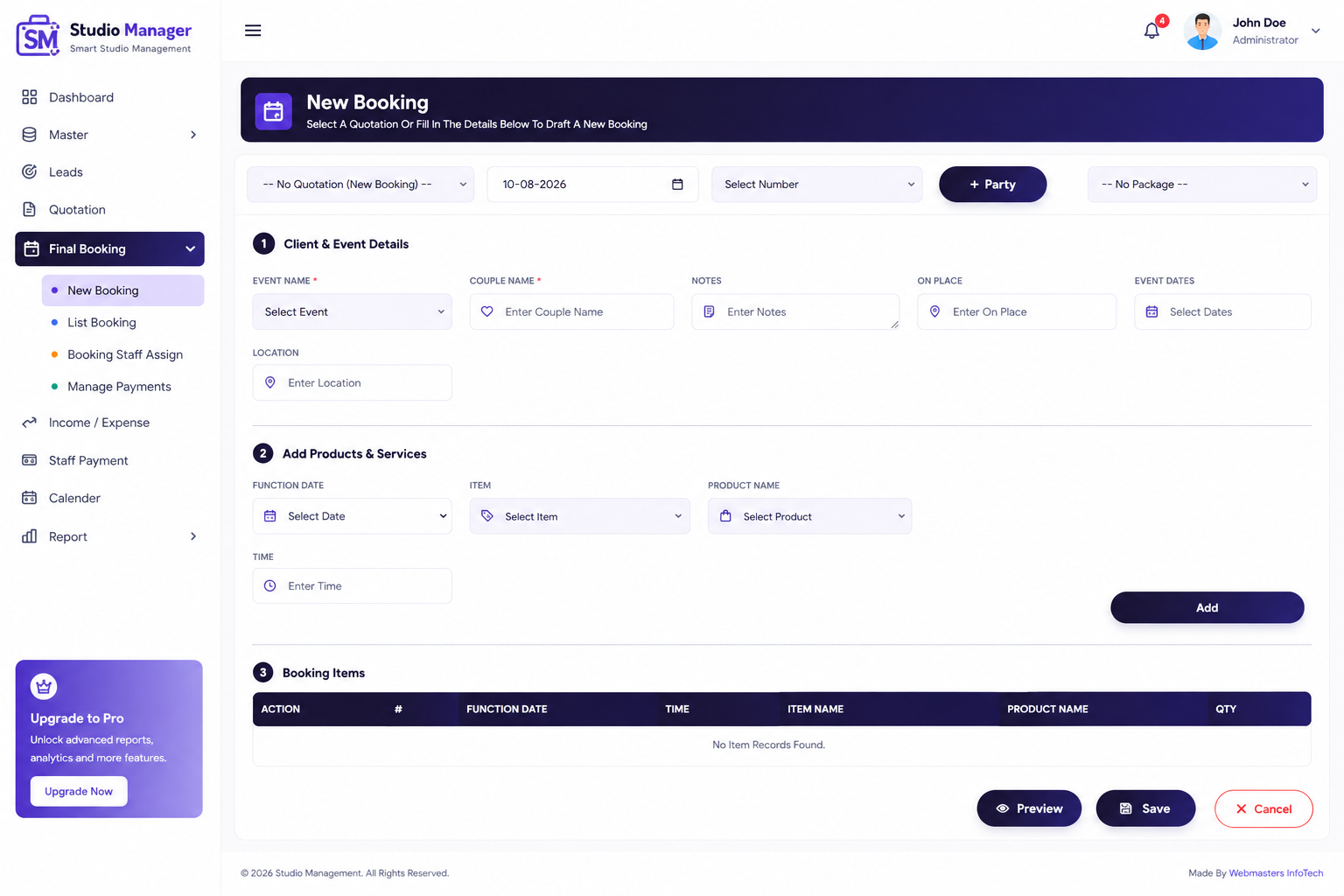 New Booking screen
