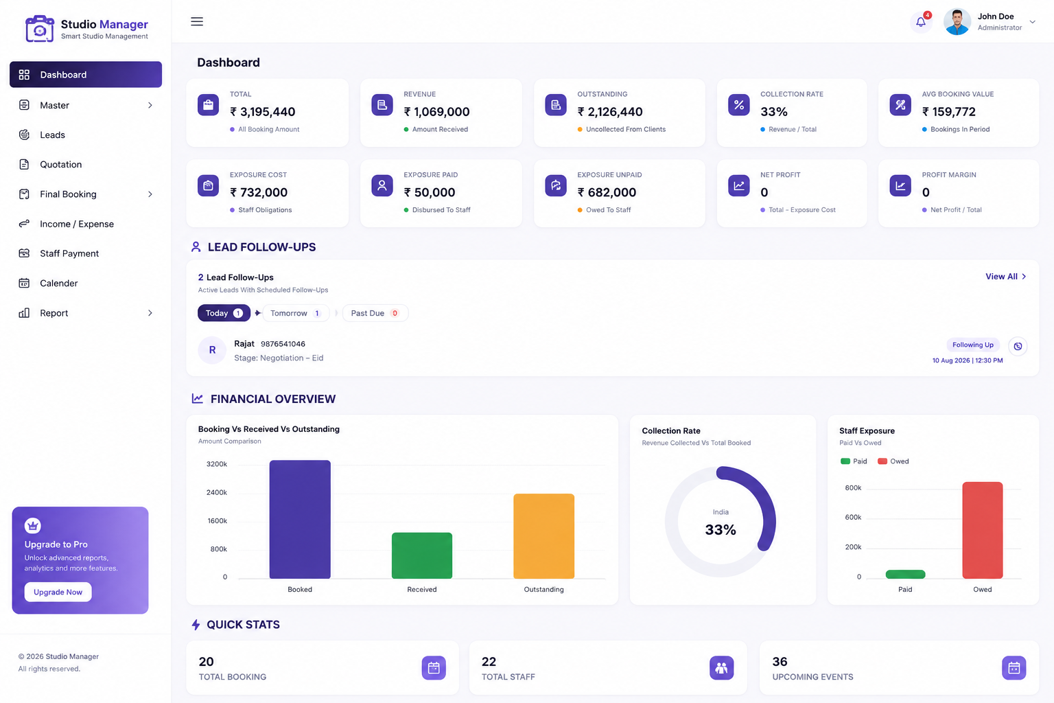 Studio Management CRM Dashboard